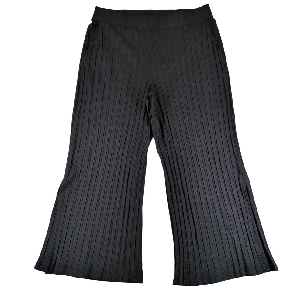 Eileen Fisher Womens Black Ribbed Tencel Wide Leg Cropped Pants Large Pockets